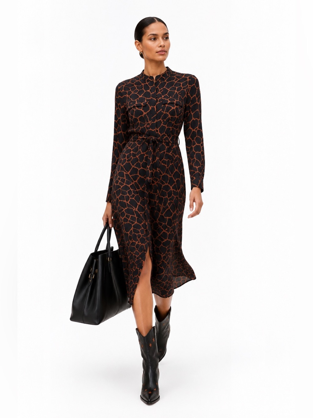 Banana Republic Giraffe Print Midi Shirt Dress Size 4 Belted Animal Print